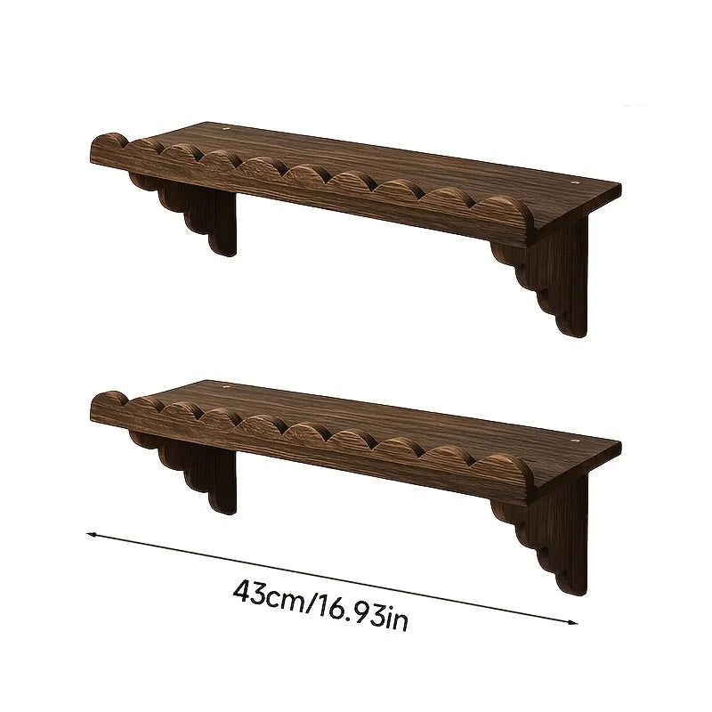 Rustic Scalloped Wooden Floating Wall Shelves Set of 2, Farmhouse Wave Edge Wall Mount Storage Shelf, Decorative Bathroom Organizer Rack for Bedroom, Kitchen, Entryway, Dark Burnt Wood Finish