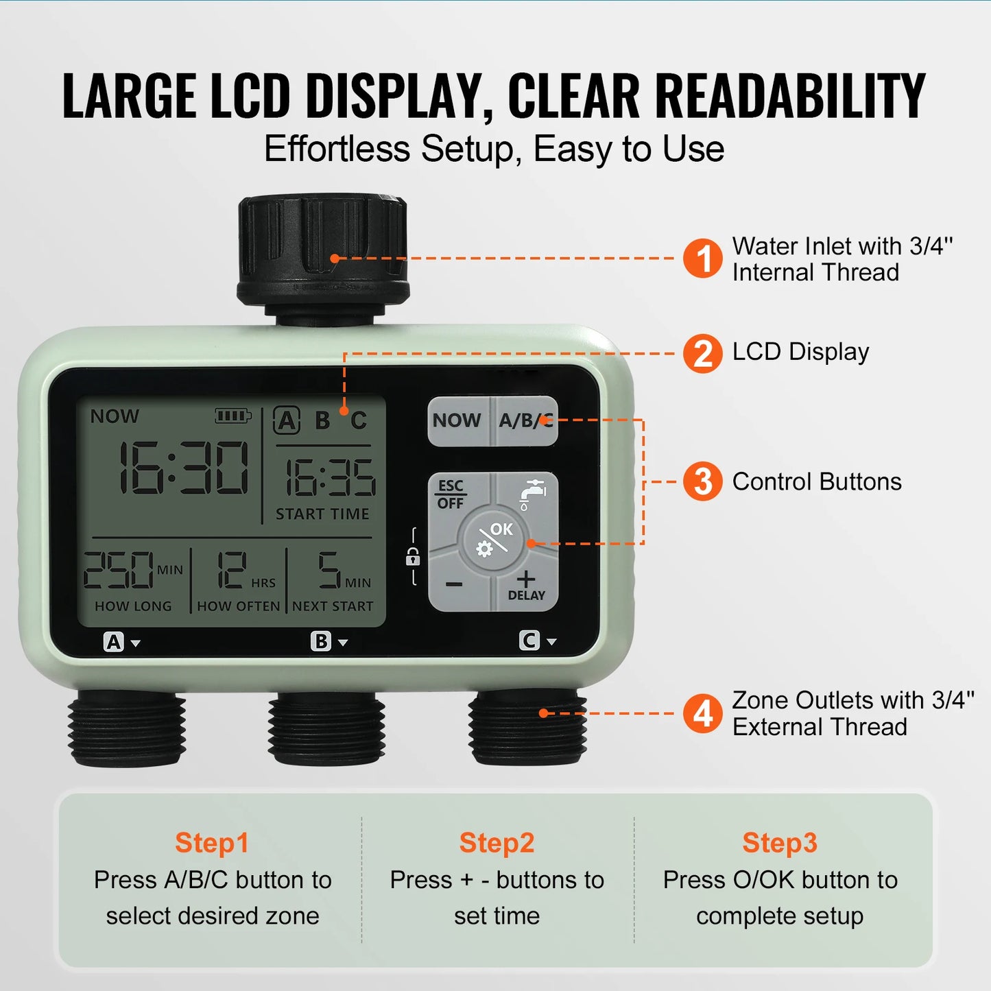 SucceBuy Water Timer With 3 Outlets And Independent Watering Zones