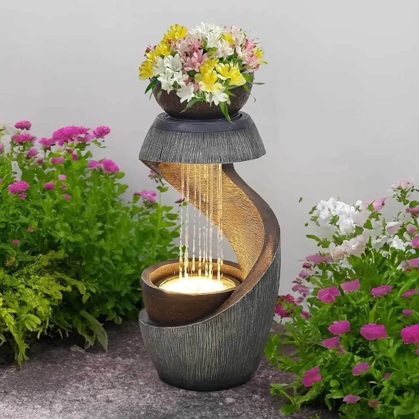 S Shaped Outdoor Water Fountain With Led Lights Planter