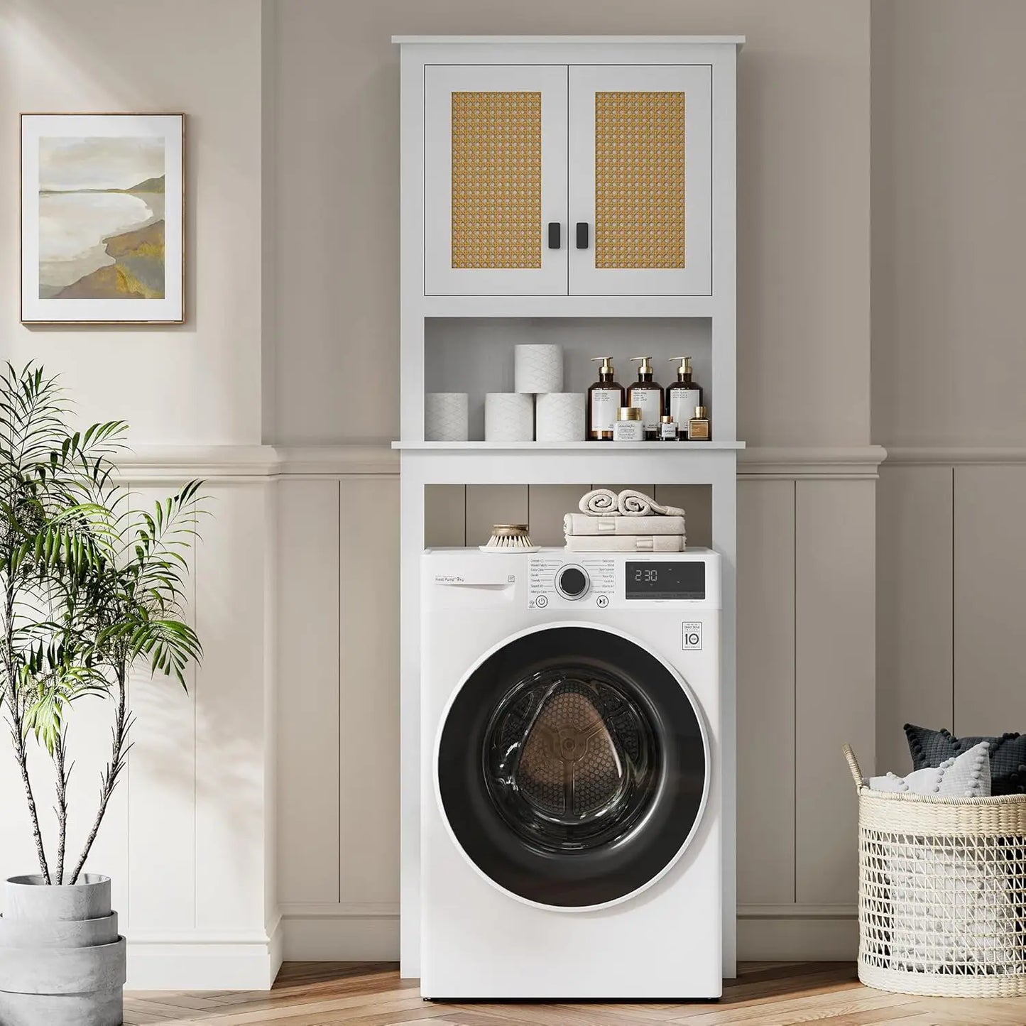 Farmhouse Over Toilet Storage Cabinet With Rattan Doors Adjustable Shelves