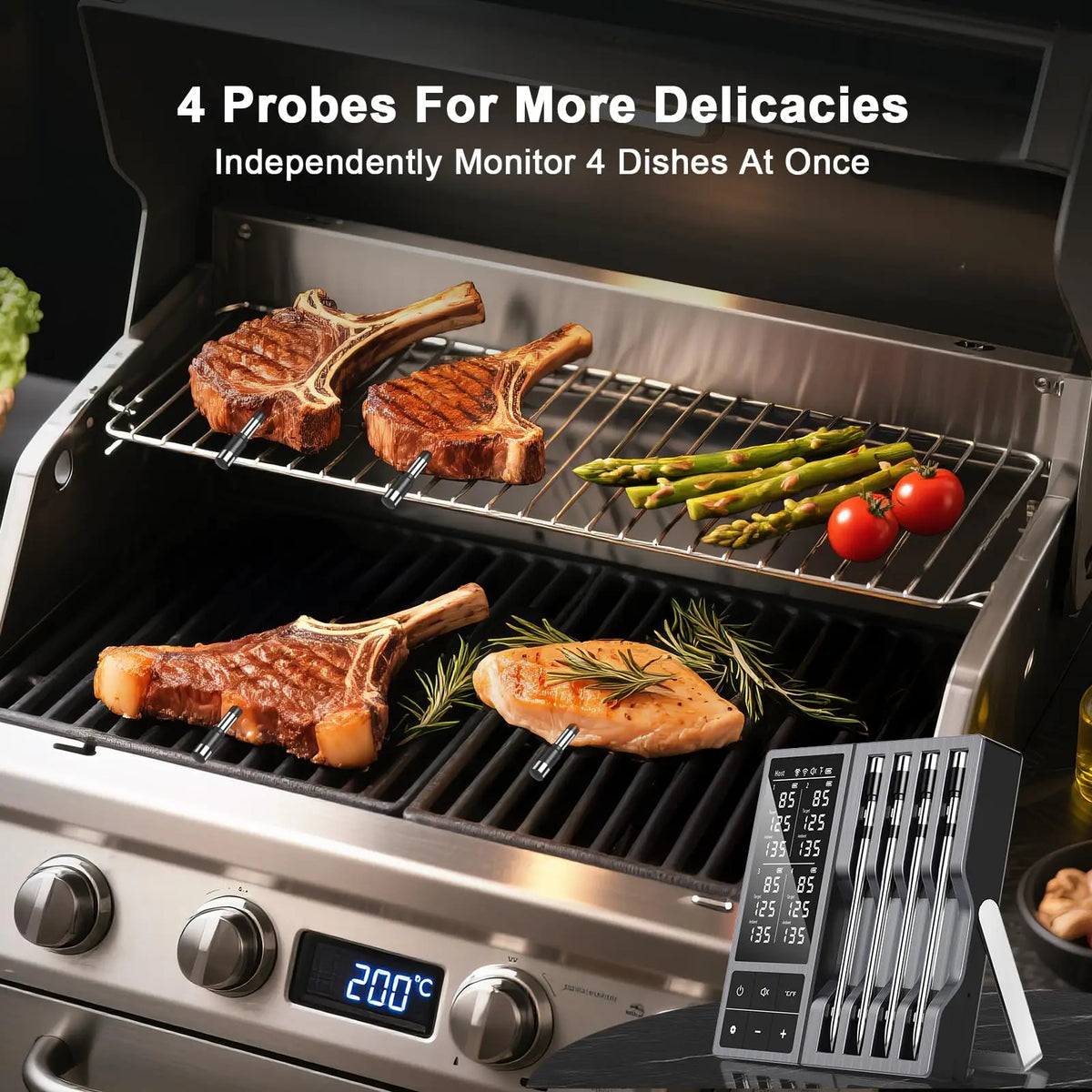 Wireless Bluetooth Meat Thermometer 4 Probe Support Smart Timer & APP Alerts, Big Digital Backlit Screen, for BBQ, Oven, Smoker