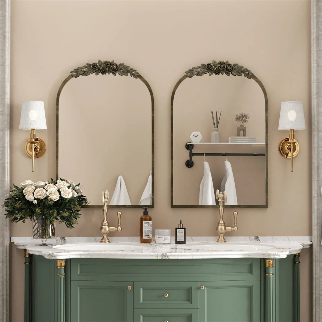 LUVODI Arched Wall Mirror With Resin Rose Pattern Accent