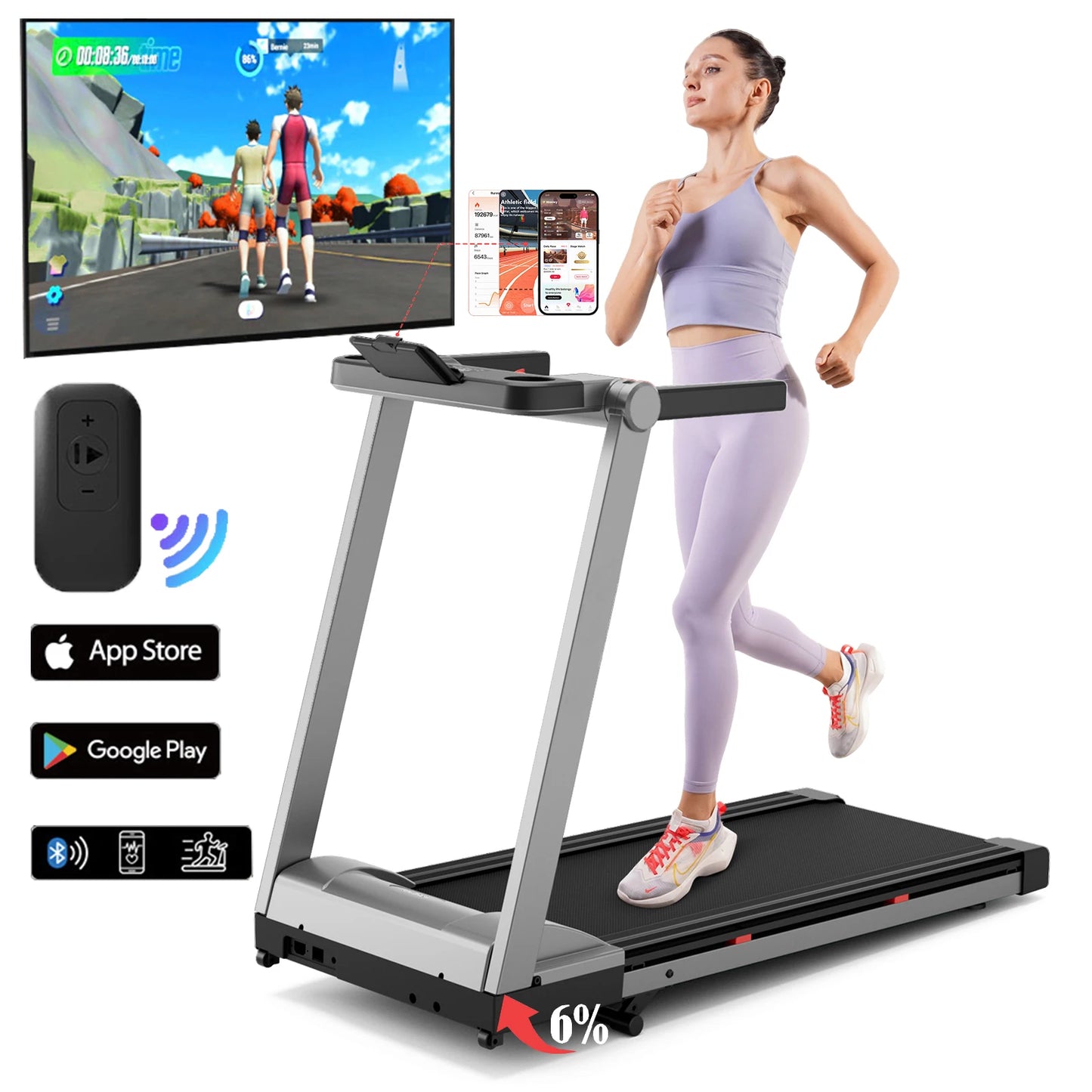 Foldable Incline Treadmill With Bluetooth Touch Screen 350 LBS Capacity