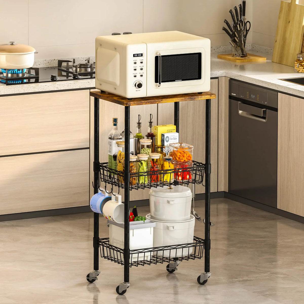 XIUWO 3-Tier Rolling Kitchen Cart With Caster Wheels And Adjustable Baskets