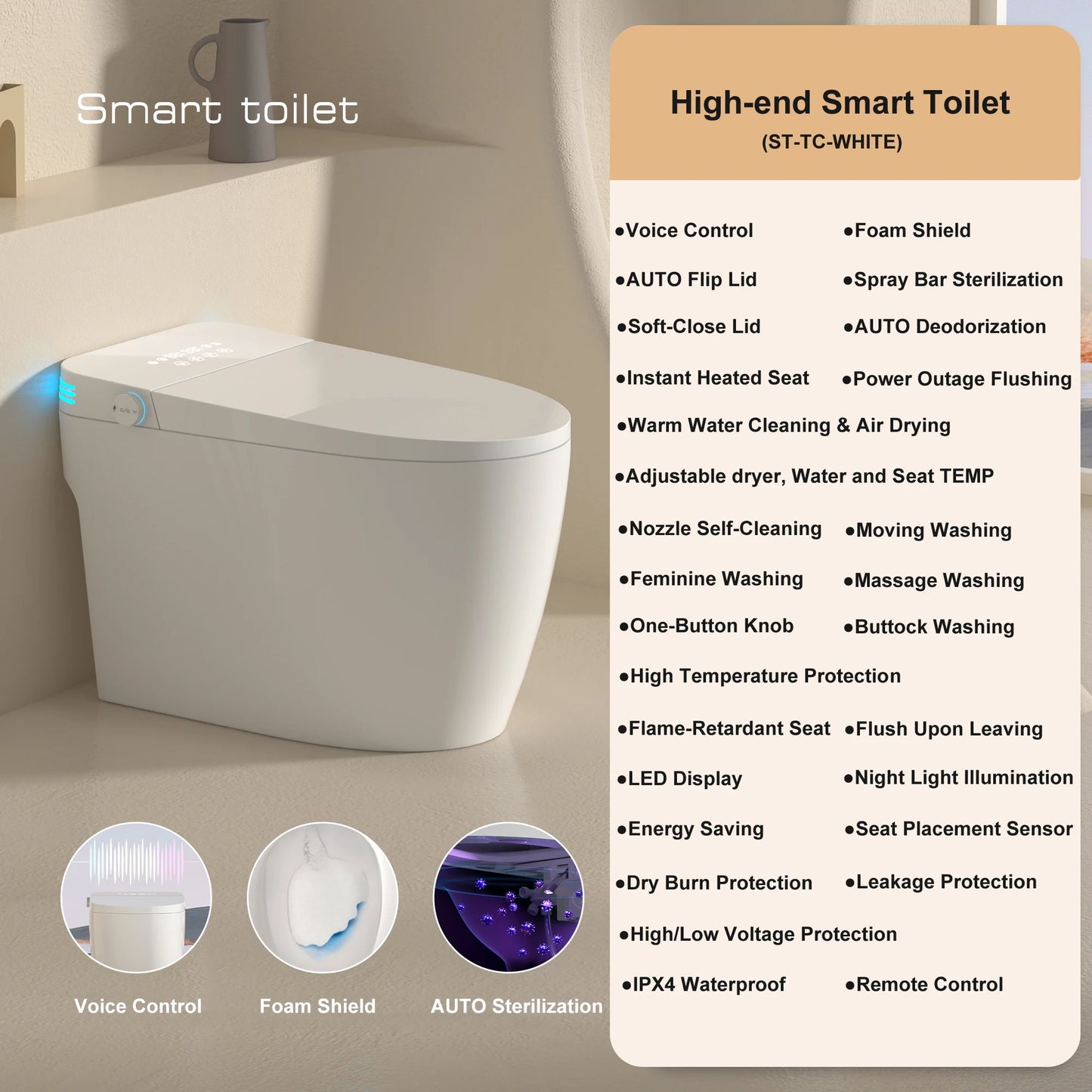 Smart Toilet With Built In Bidet Auto Open Close Dual Flush Warm Water Sprayer