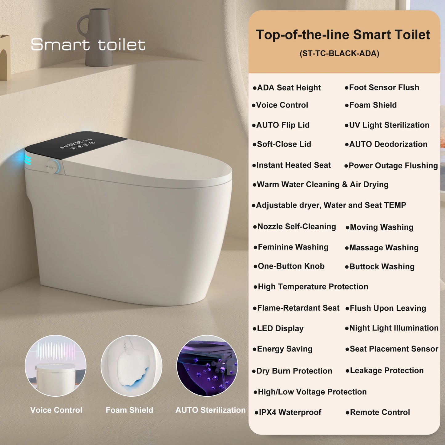 Smart Toilet With Built In Bidet Auto Open Close Dual Flush Warm Water Sprayer