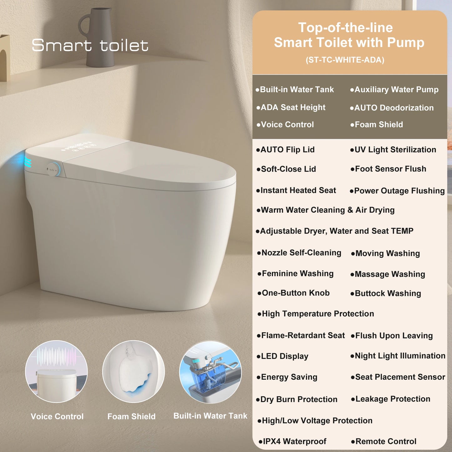 Smart Toilet With Built In Bidet Auto Open Close Dual Flush Warm Water Sprayer