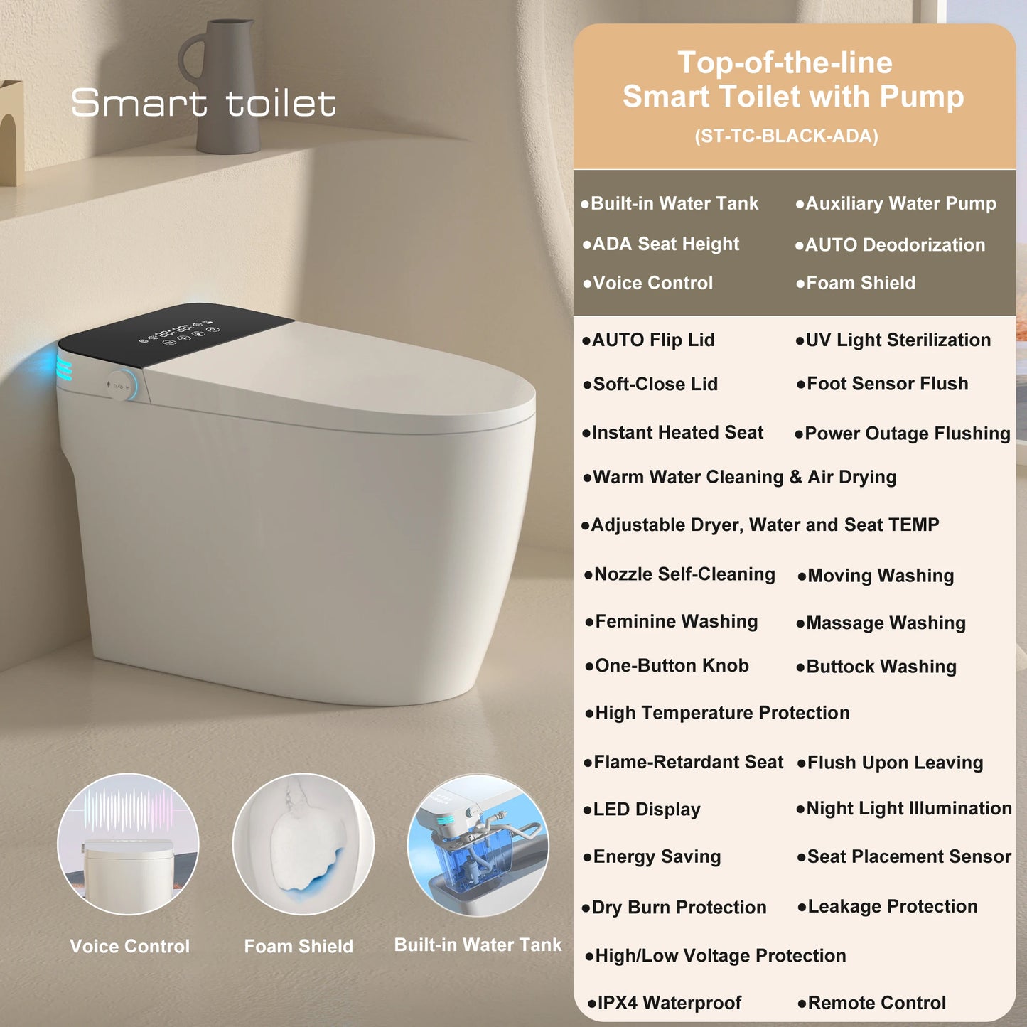 Smart Toilet With Built In Bidet Auto Open Close Dual Flush Warm Water Sprayer