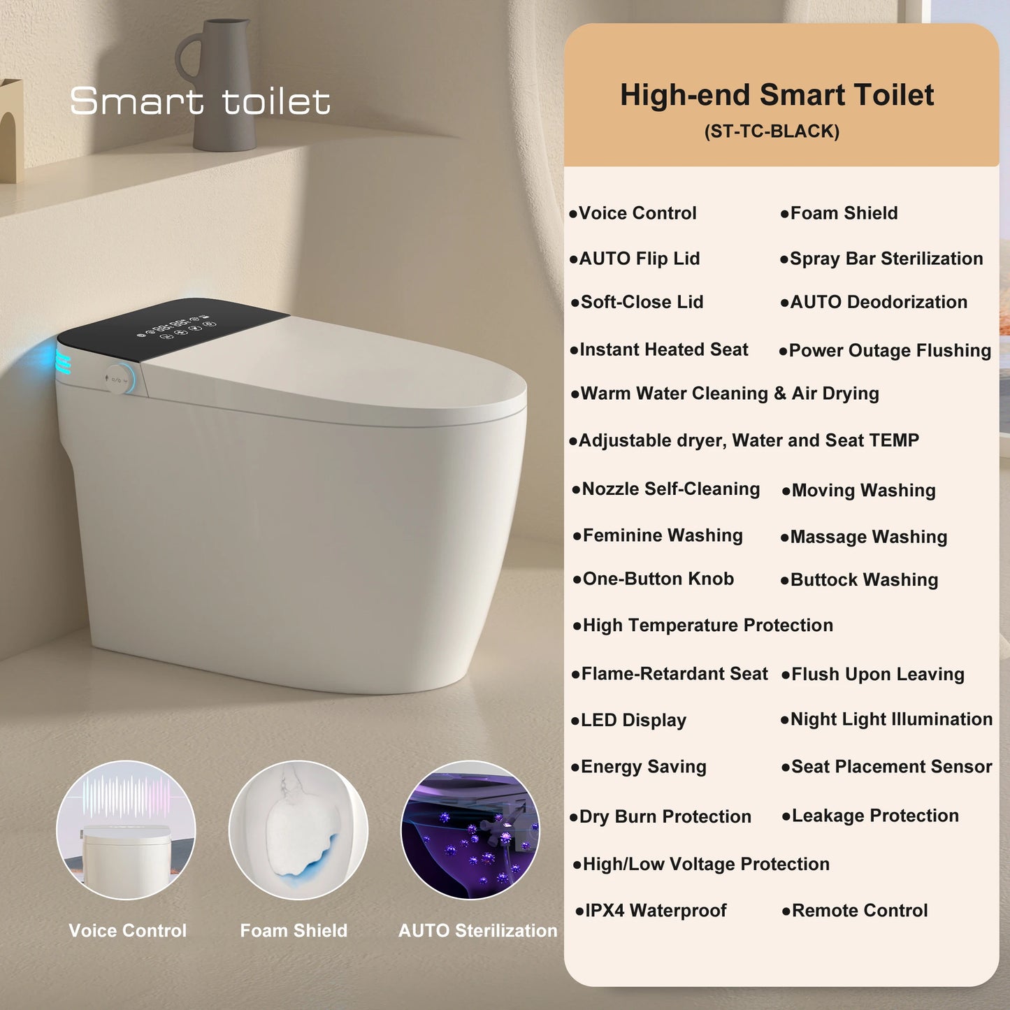 Smart Toilet With Built In Bidet Auto Open Close Dual Flush Warm Water Sprayer