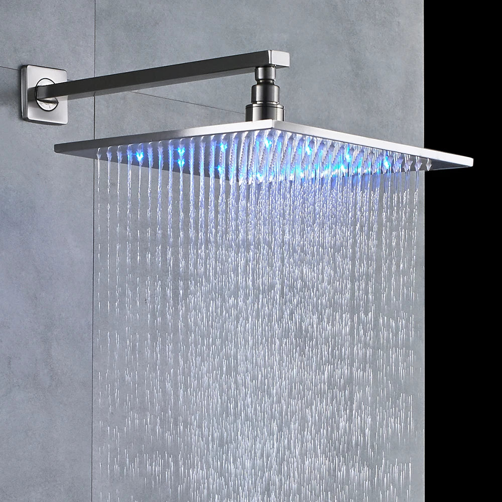 Luxury Brushed Nickel/Chrome/Black LED 16inch Rainfall Shower Head Stainless Steel Square Color Changing Lights Showerhead