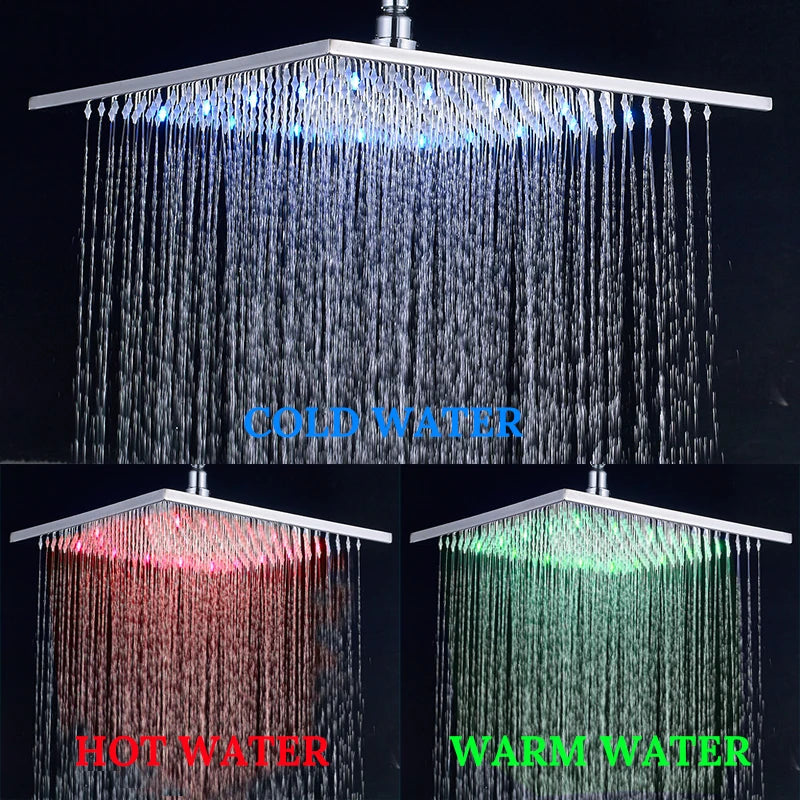 Luxury Brushed Nickel/Chrome/Black LED 16inch Rainfall Shower Head Stainless Steel Square Color Changing Lights Showerhead