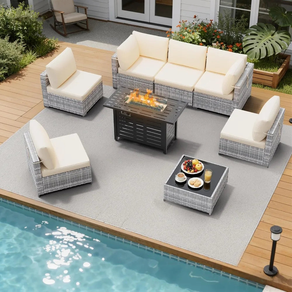 8 Piece Outdoor Patio Furniture Set, Outdoor Sectional Sofa with Firepit Table, Wicker Rattan Patio Furniture,, Customized