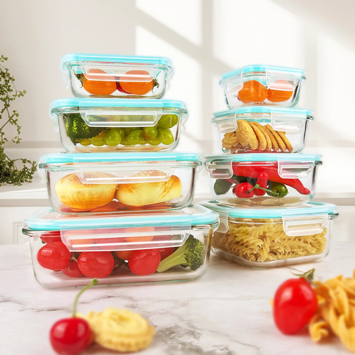 Glass Food Storage Containers Set 8 Pieces Leakproof Airtight Microwave Safe