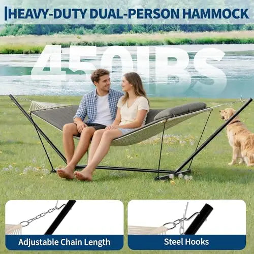 Double Outdoor Hammock For Two With Cushion And Foldable Steel Stand – Portable Heavy Duty For Garden, Patio, Beach, Backyard