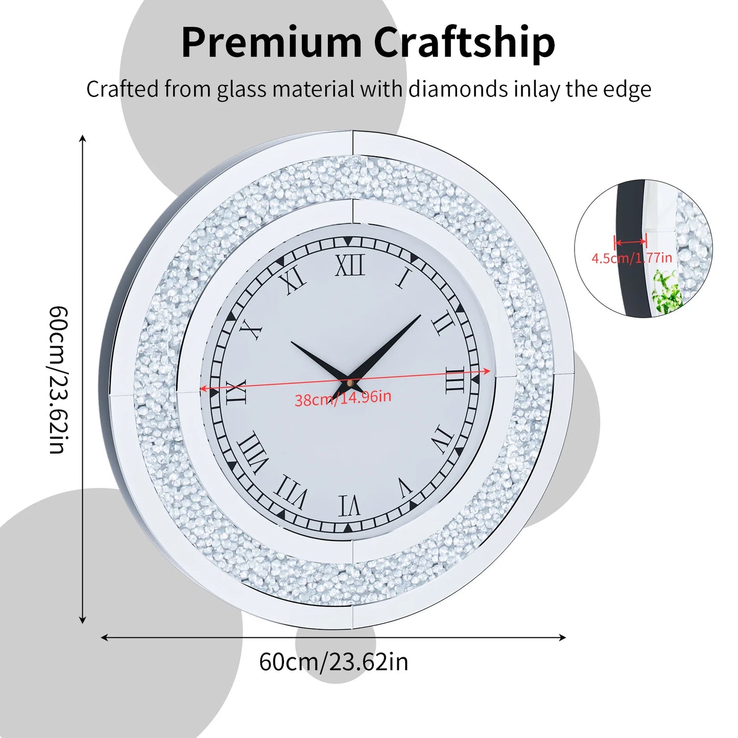 Round Mirror Wall Clock With Crystal Embellishments