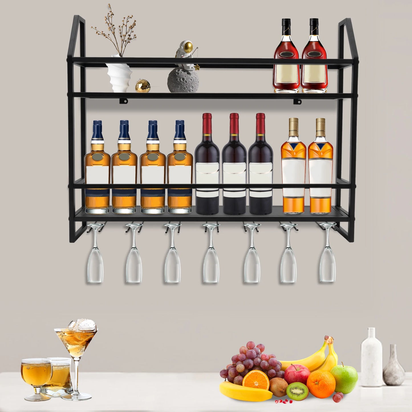 Wall Mounted Wine Rack with Glass Holder Two Tier Metal