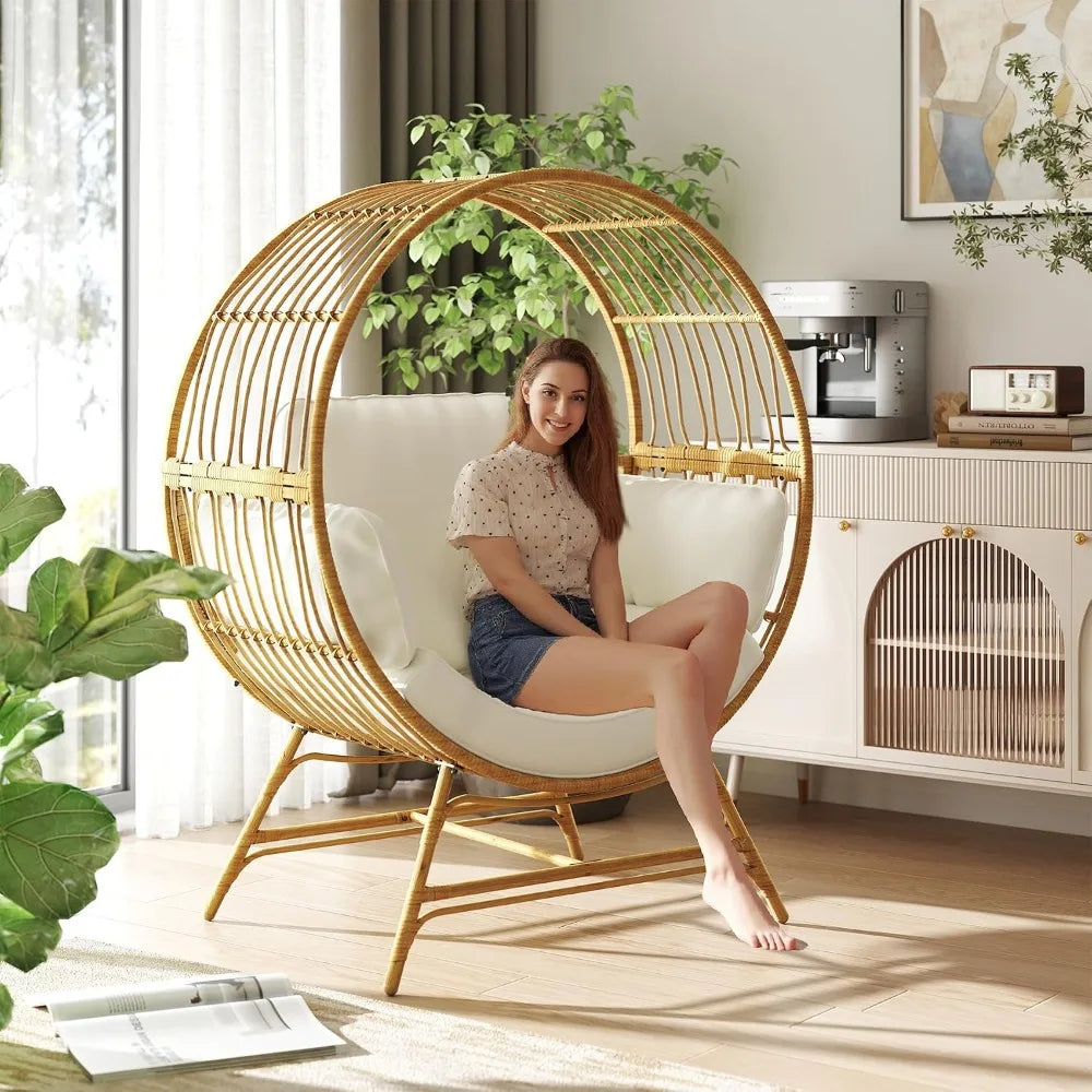 Oversized Egg Chair Rattan Wicker Patio Lounge with Thick Cushion 350LBS Capacity for Indoor Outdoor Living Room Balcony