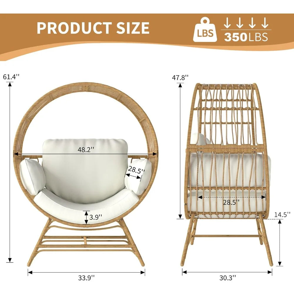 Oversized Egg Chair Rattan Wicker Patio Lounge with Thick Cushion 350LBS Capacity for Indoor Outdoor Living Room Balcony