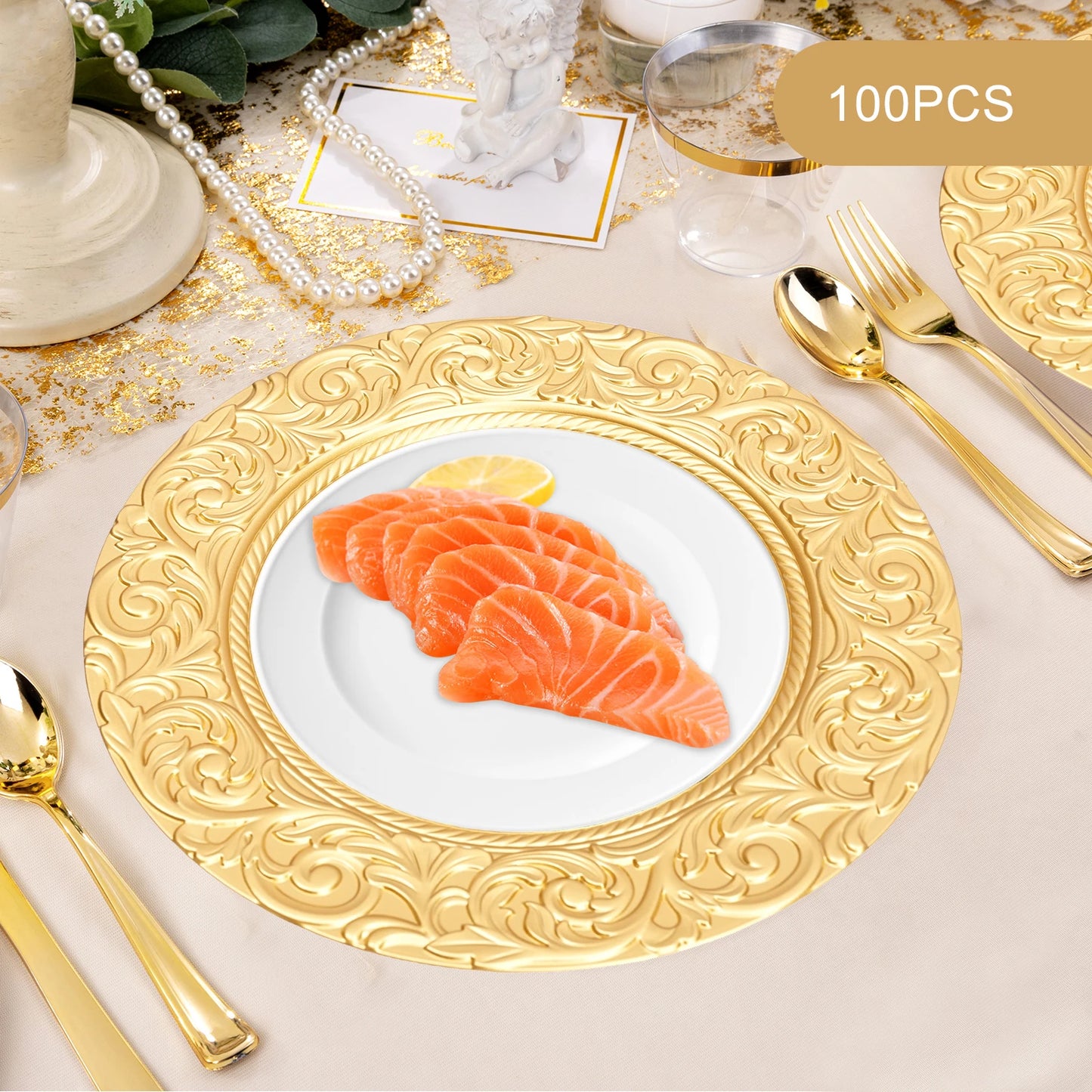Round Charger Plate Set 100 Pieces Gold Black Silver Green