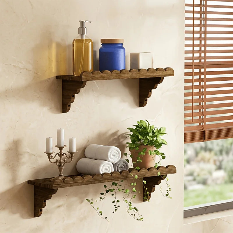 Rustic Scalloped Wooden Floating Wall Shelves Set of 2, Farmhouse Wave Edge Wall Mount Storage Shelf, Decorative Bathroom Organizer Rack for Bedroom, Kitchen, Entryway, Dark Burnt Wood Finish