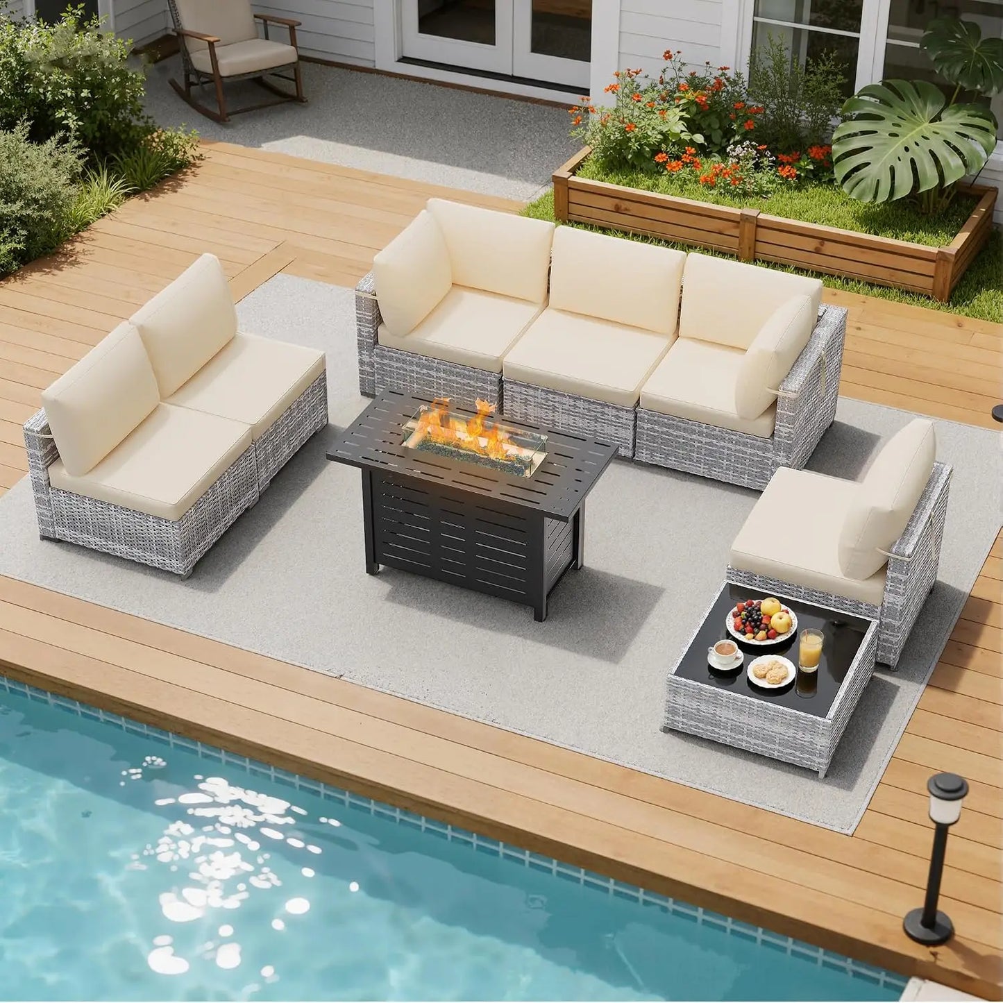 8 Piece Outdoor Patio Furniture Set, Outdoor Sectional Sofa with Firepit Table, Wicker Rattan Patio Furniture,, Customized