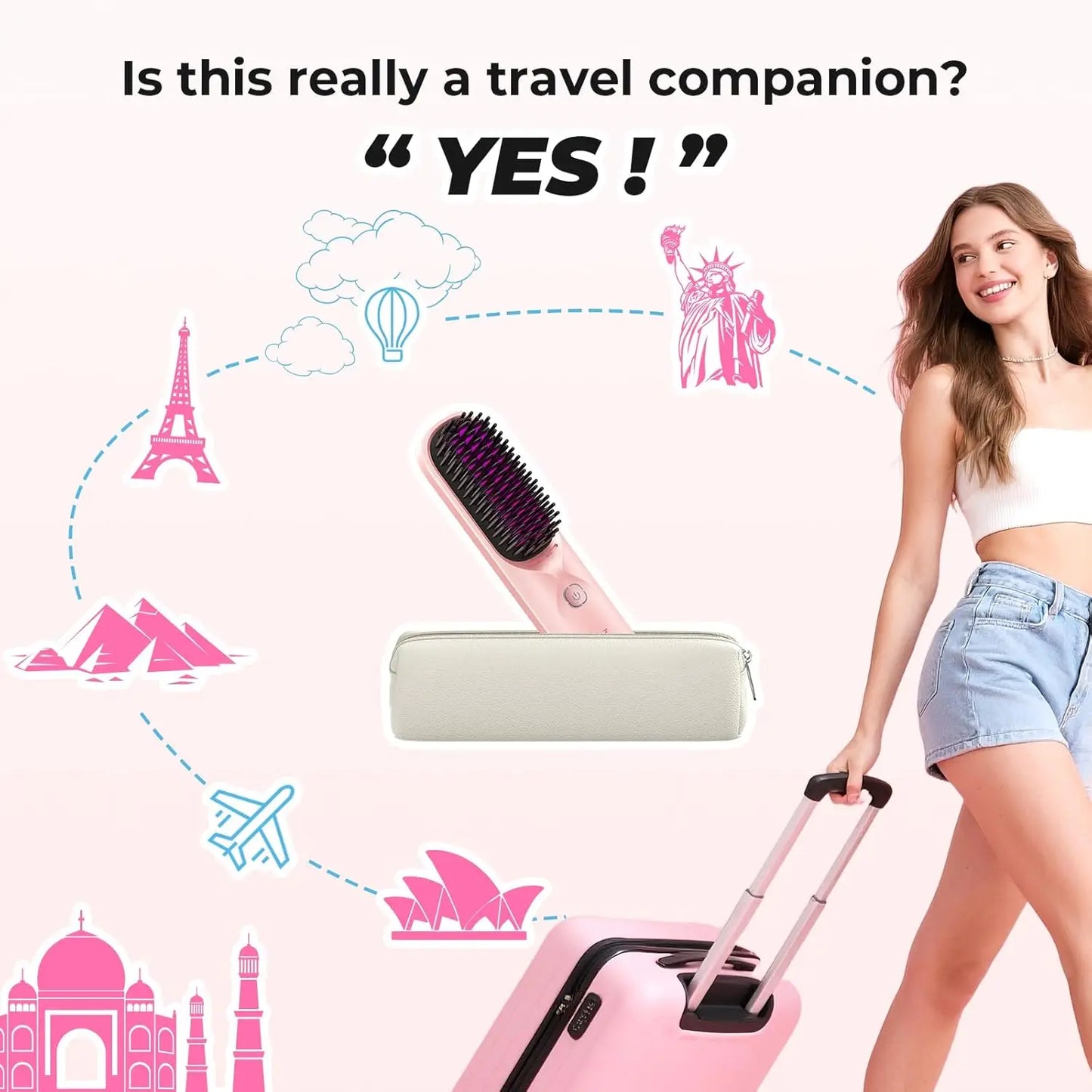 10000mAh Cordless Hair Straightener Comb Brush 5S Fast Heating for Travel - 300M Negative Ions for Frizz-Free Shine for Women