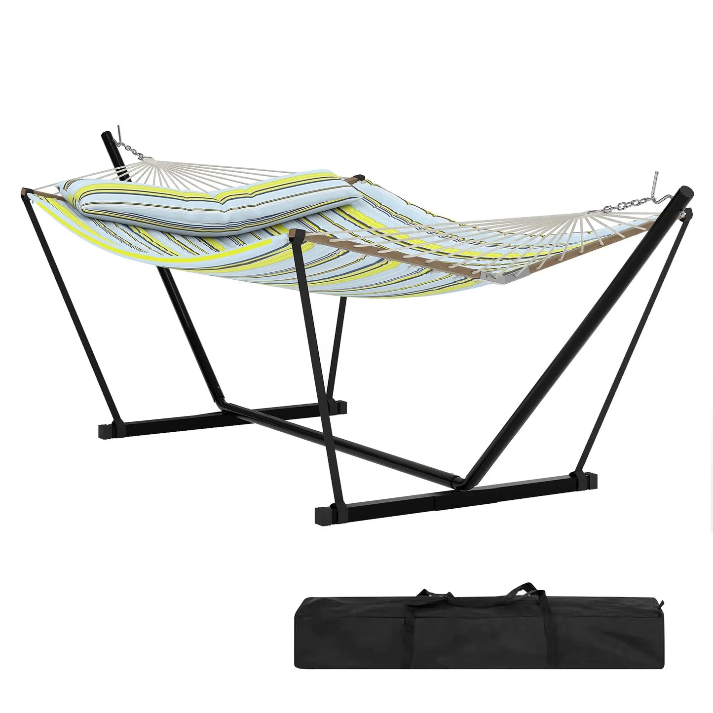 Double Outdoor Hammock For Two With Cushion And Foldable Steel Stand – Portable Heavy Duty For Garden, Patio, Beach, Backyard