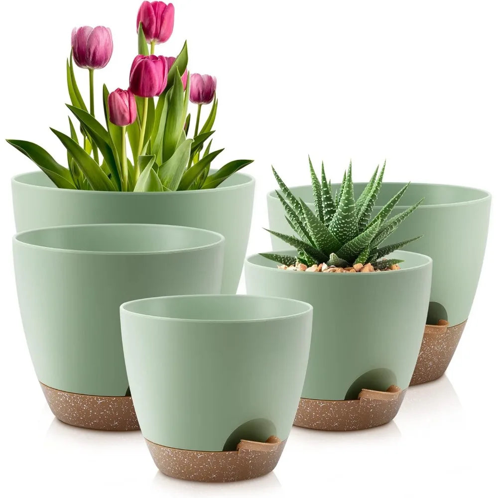 Self Watering Plant Pots Set of 5 with Drainage Saucers Indoor Outdoor Plastic Nursery Planters Green Sizes 7 to 10 Inch