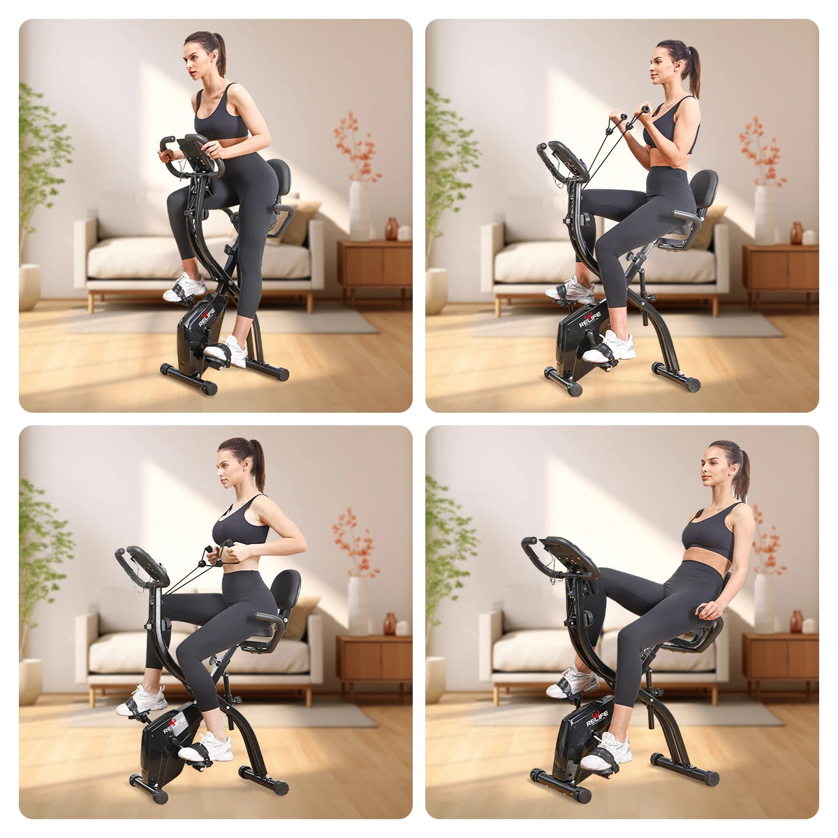 Relife 3 in 1 Folding Exercise Bike Foldable Stationary Bike Upright & Recumbent Cycling Trainer with Arm Resistance Bands LCD Monitor 10 Level Resistance Adjustable Seat Backrest Home Indoor Workout Fitness Machine for Adult