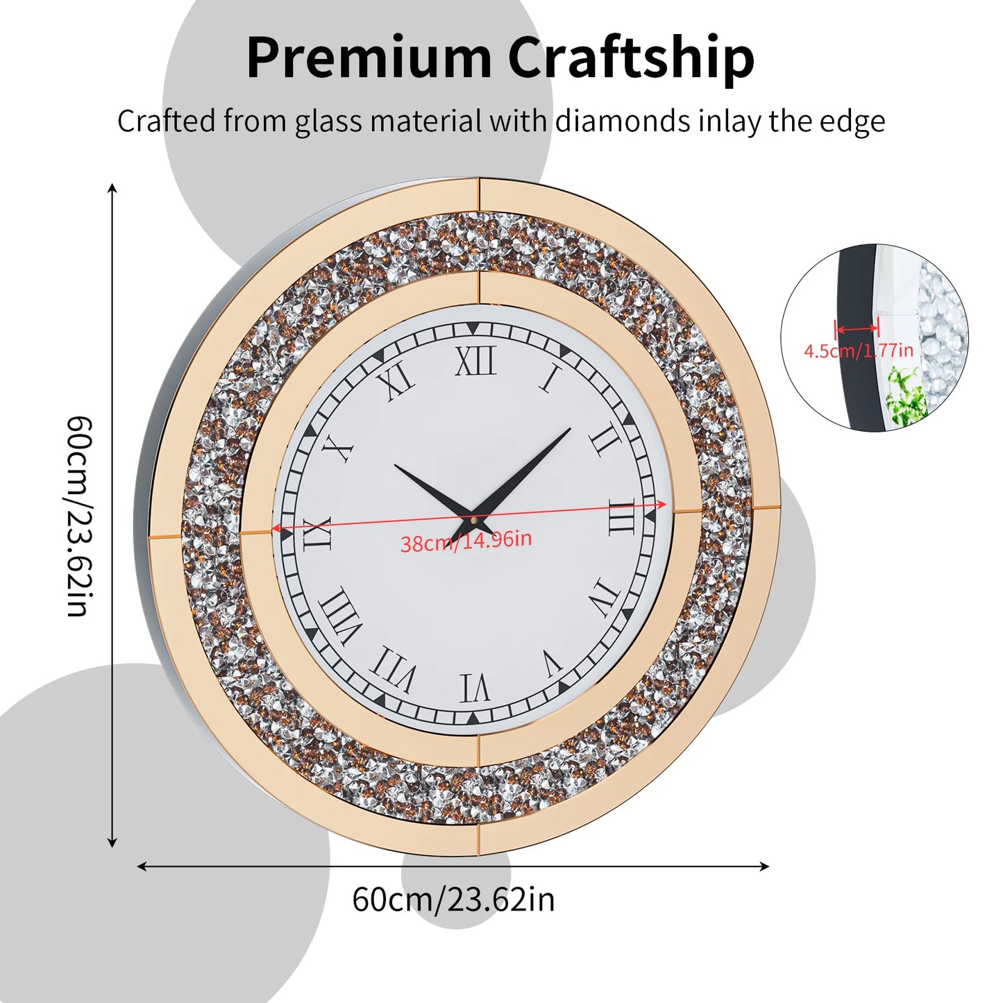 Round Mirror Wall Clock With Crystal Embellishments
