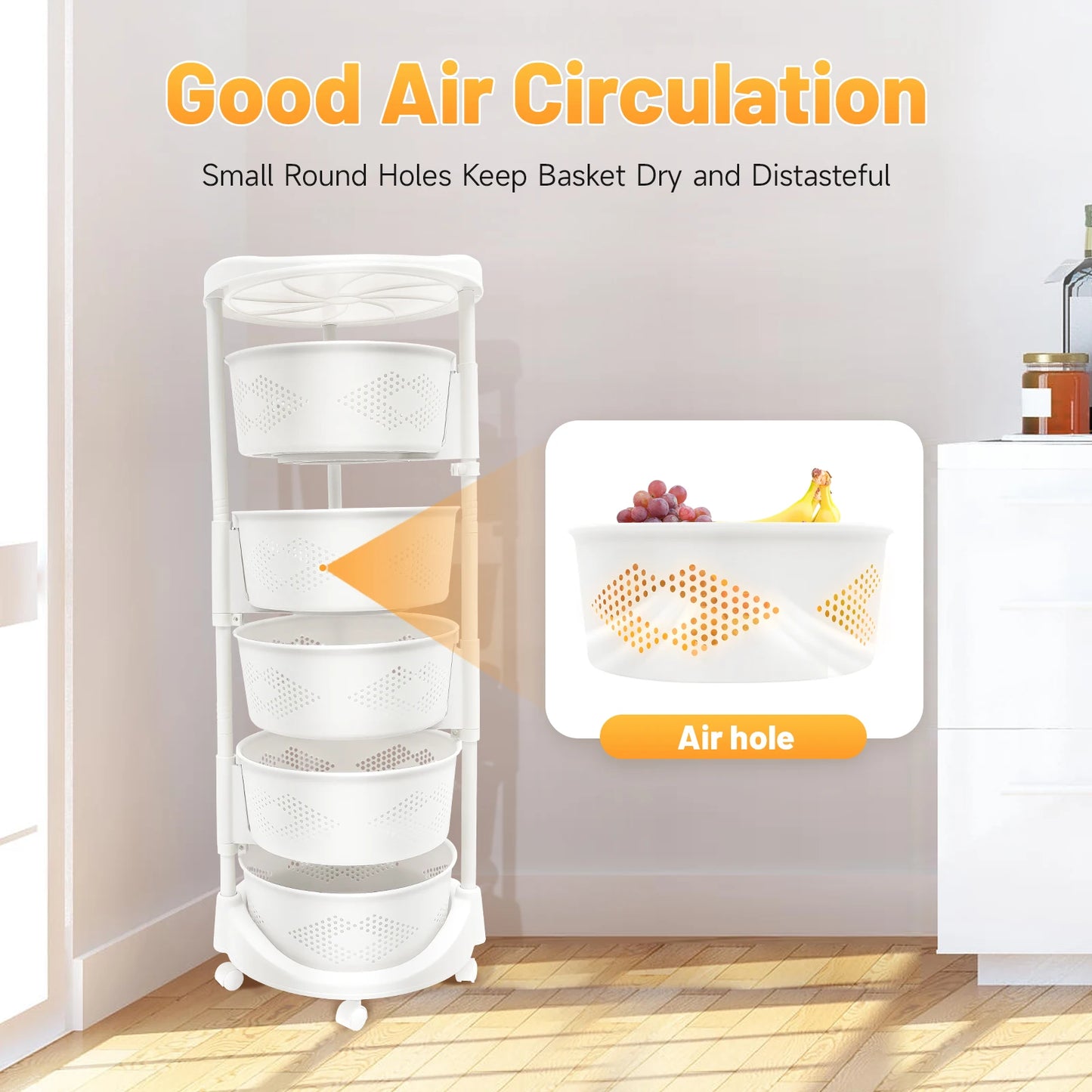 5-Tier Rotating Storage Rack Bearing 110.23lbs PP Shelf Perforated Basket Organizer with Caster for Kitchen Bathroom Living Room