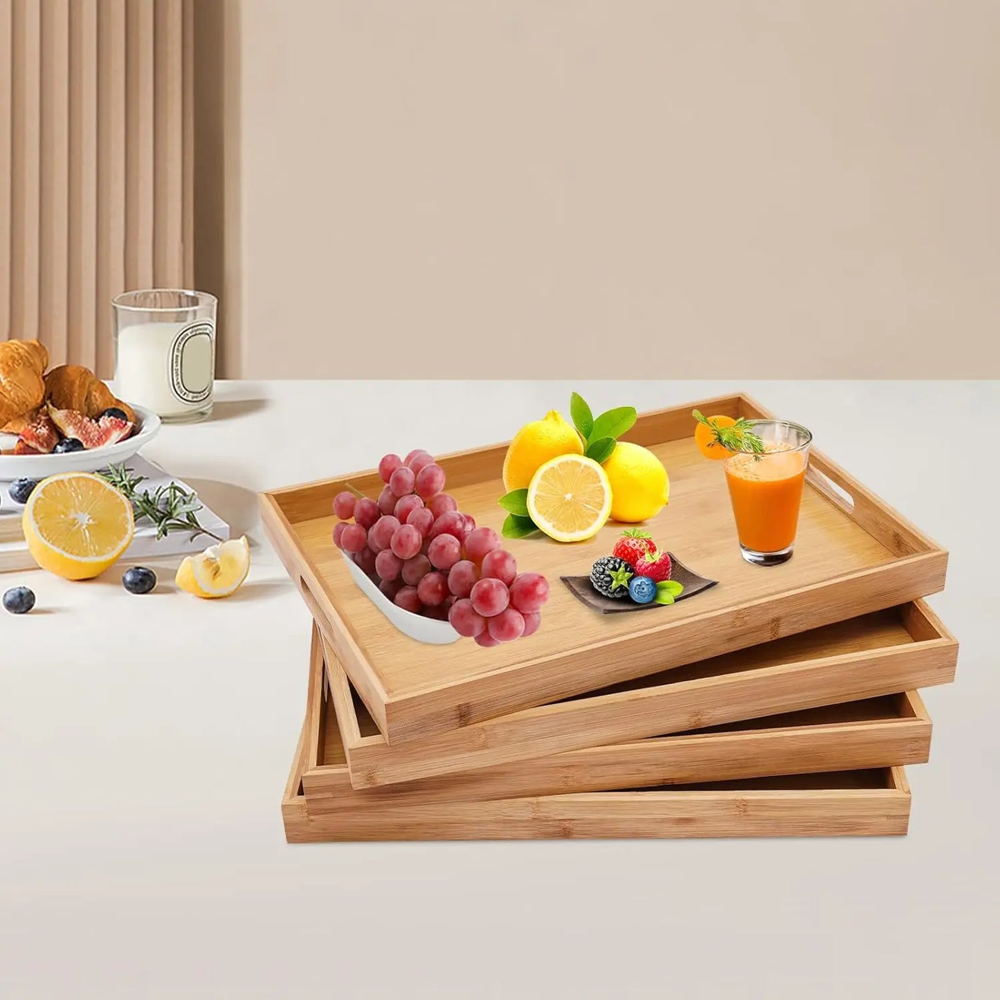 4 Pcs Large Bamboo Serving Tray Rectangular Wooden Breakfast Tray Dinner Tray Decorative for Lap & Couch 18 X 13 X 1.4in