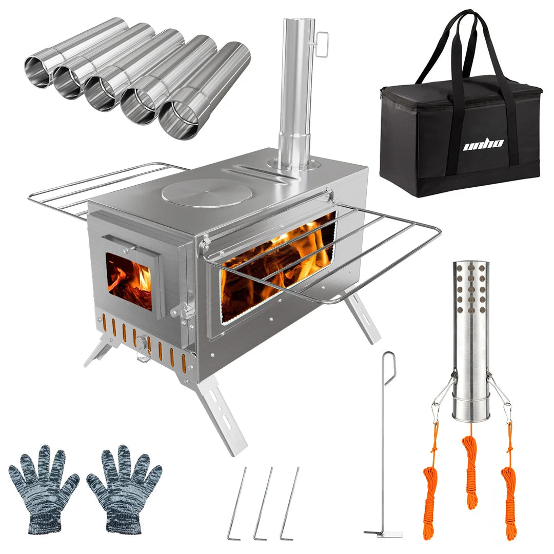 Unho Wood Burning Portable Tent Stove With Stainless Chimney Pipes