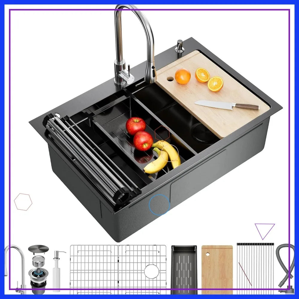 Drop In Kitchen Sink Stainless Steel Workstation Topmount Single Bowl