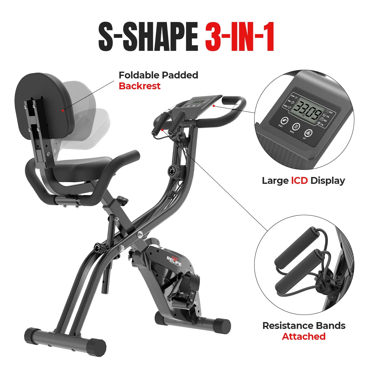 Relife 3 in 1 Folding Exercise Bike Foldable Stationary Bike Upright & Recumbent Cycling Trainer with Arm Resistance Bands LCD Monitor 10 Level Resistance Adjustable Seat Backrest Home Indoor Workout Fitness Machine for Adult