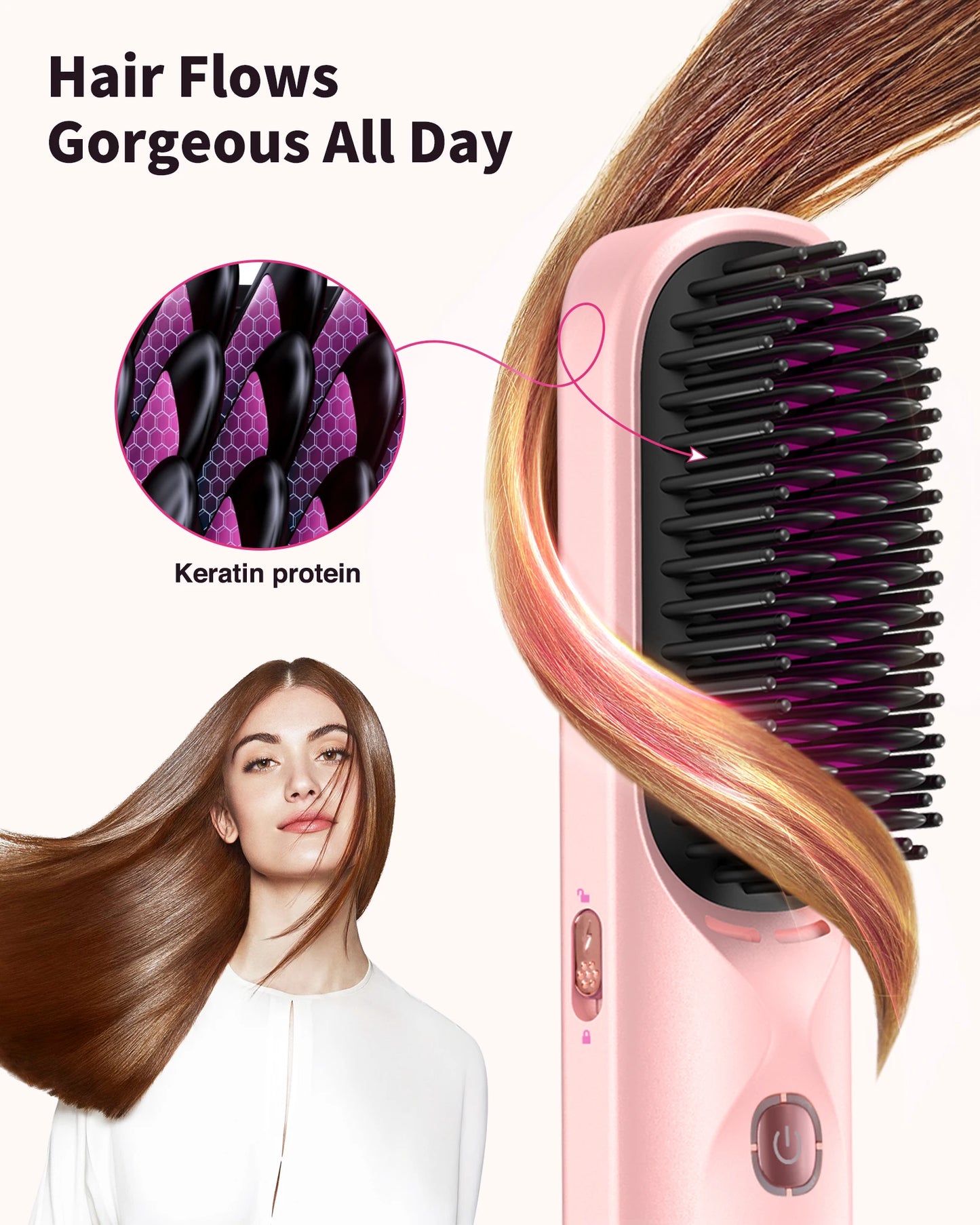 10000mAh Cordless Hair Straightener Comb Brush 5S Fast Heating for Travel - 300M Negative Ions for Frizz-Free Shine for Women