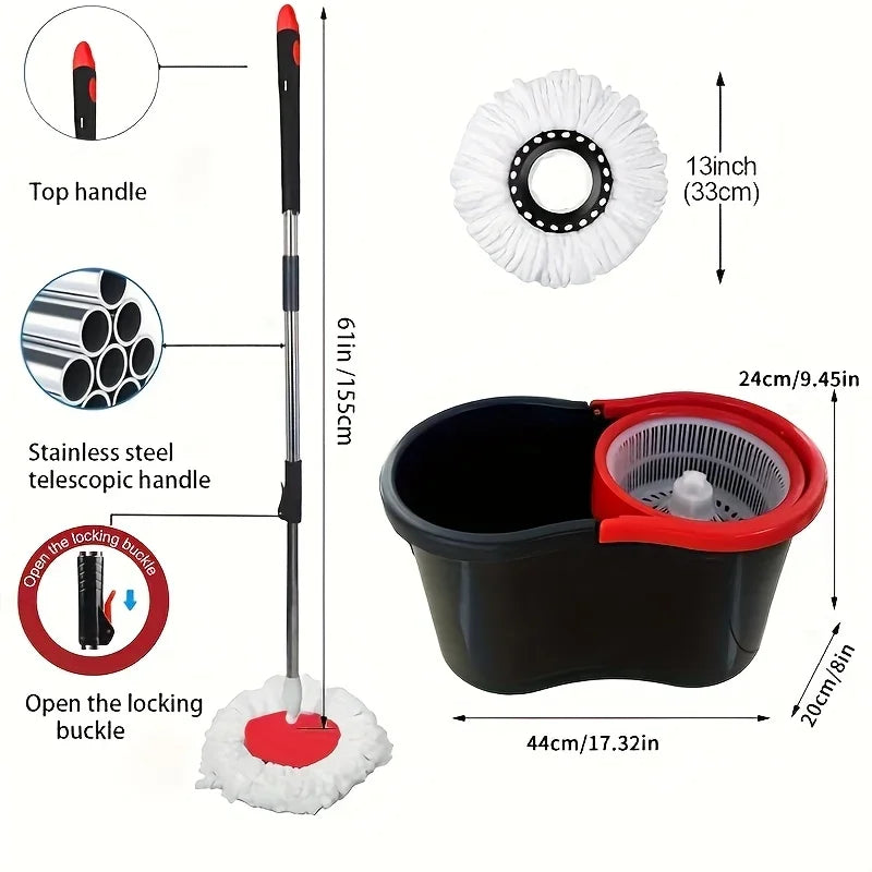 360° Spin Mop Bucket with Soap Dispenser and 2 Microfiber Heads, Stainless Steel Handle Floor Cleaning System for Home Use