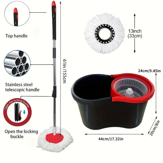 360° Spin Mop Bucket with Soap Dispenser and 2 Microfiber Heads, Stainless Steel Handle Floor Cleaning System for Home Use