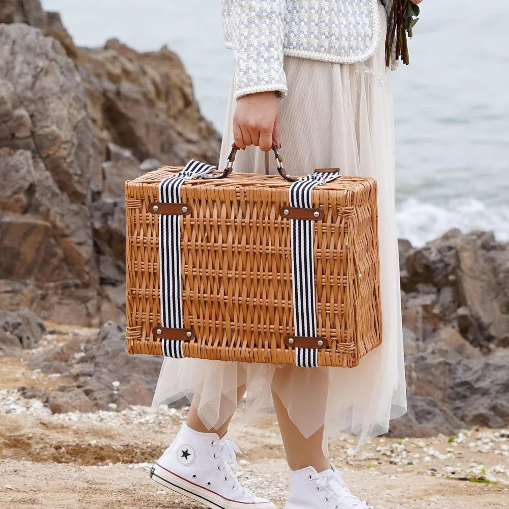 NBVCX Handmade Wicker Picnic Basket for Two with Insulated Cooler