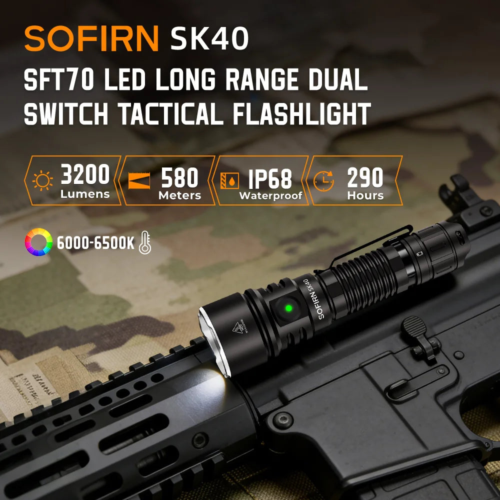 Sofirn SK40 Tactical Flashlight 3200lm LED Waterproof Dual Switch