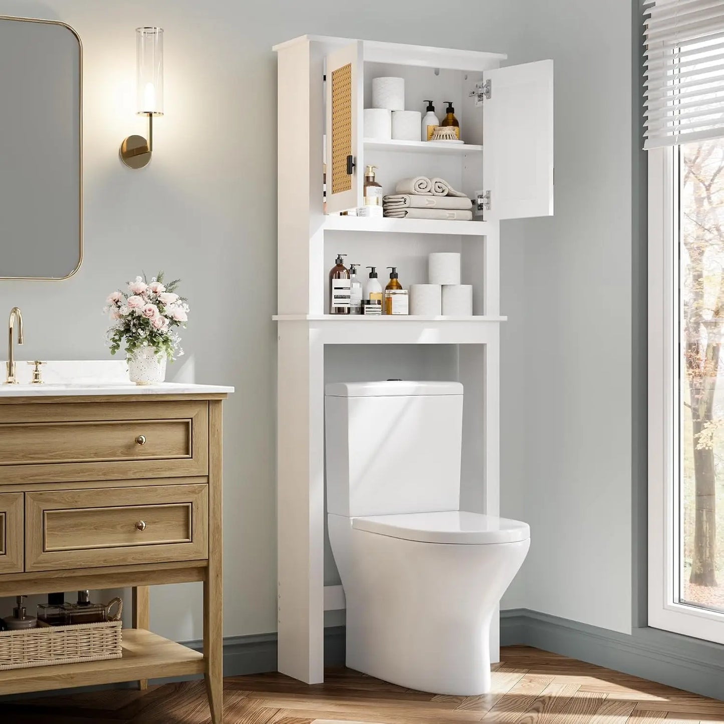 Farmhouse Over Toilet Storage Cabinet With Rattan Doors Adjustable Shelves
