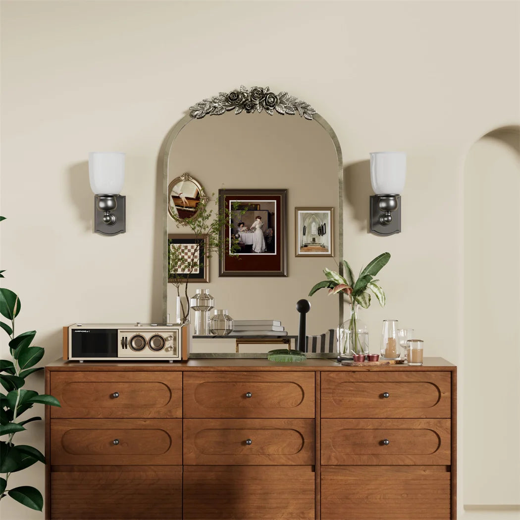 LUVODI Arched Wall Mirror With Resin Rose Pattern Accent