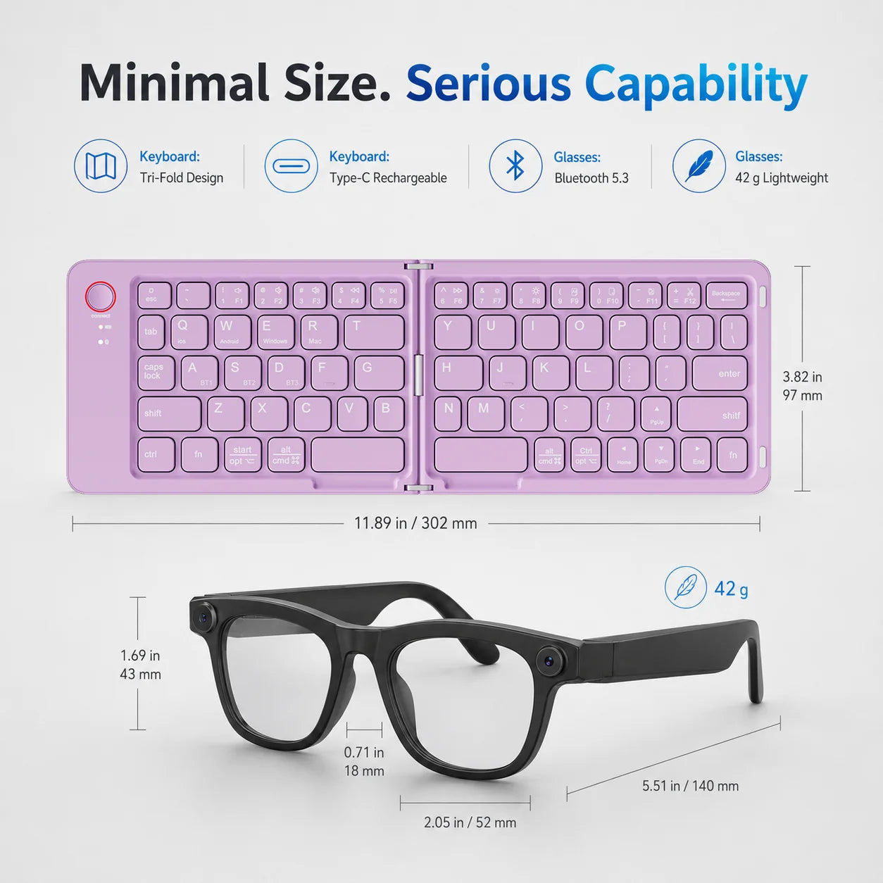 Smart Glasses with Foldable Keyboard 200W Pixel Colorful Double Fold Keyboard Photography Translation Lightweight Glasses Sold as a Set