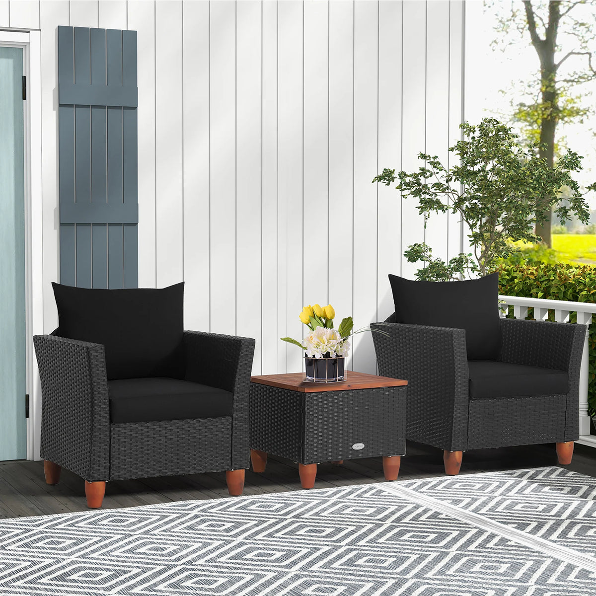 HOMASIS 3 Piece Patio Rattan Set With Cushioned Sofas And Wood Top Table