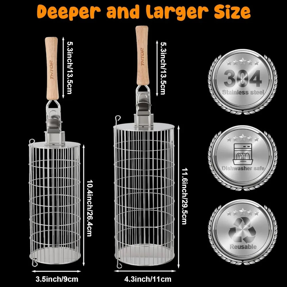 XIUWO Stainless Steel Rolling Grill Basket With Removable Handle