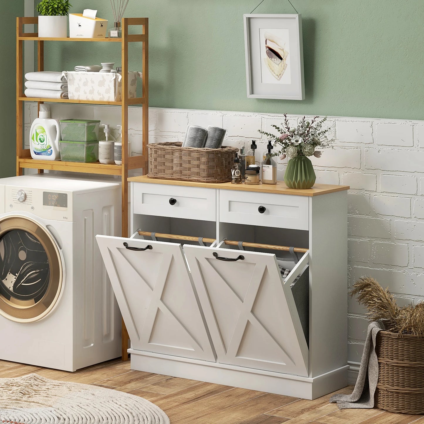 HOMCOM Double Tilt Out Laundry Cabinet With Baskets And Drawers