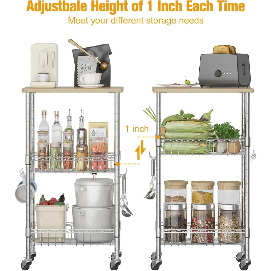 XIUWO 3-Tier Rolling Kitchen Cart With Caster Wheels And Adjustable Baskets