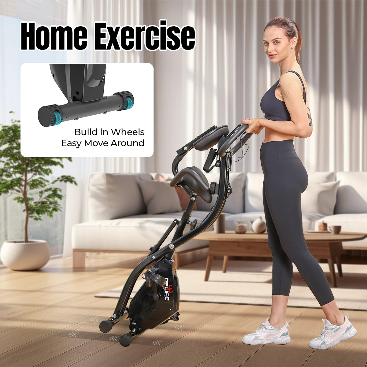 Relife 3 in 1 Folding Exercise Bike Foldable Stationary Bike Upright & Recumbent Cycling Trainer with Arm Resistance Bands LCD Monitor 10 Level Resistance Adjustable Seat Backrest Home Indoor Workout Fitness Machine for Adult