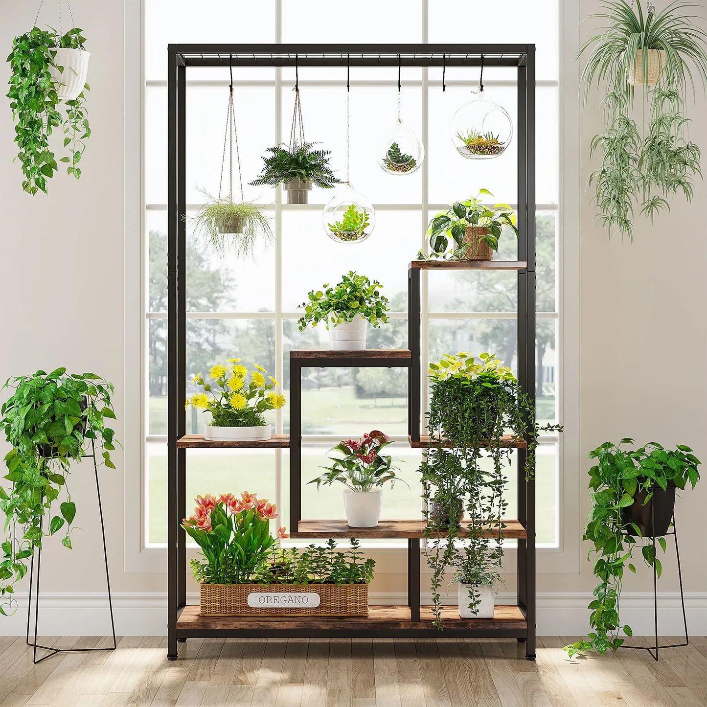 Tribesigns 5 Tiers Tall Indoor Plant Stand 70.9 inches Large Metal Plant Shelf with 10 PC S Hanging Hooks for Garden