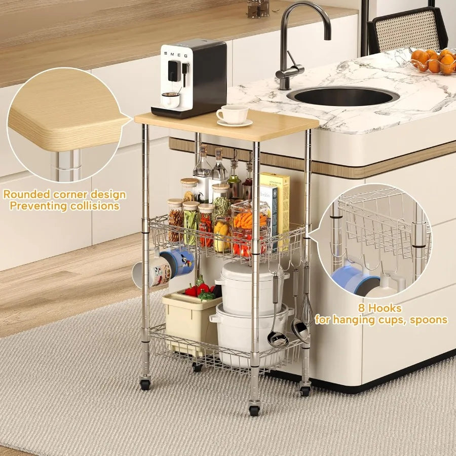 XIUWO 3-Tier Rolling Kitchen Cart With Caster Wheels And Adjustable Baskets